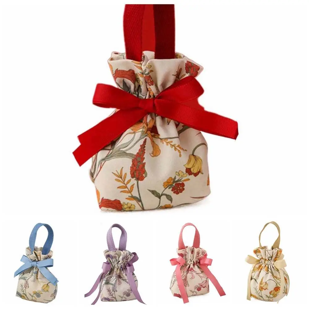 Tope Handle Canvas Drawstring Bag Floral Korean Style Festive Sugar Bag Bucket Bag Large Capacity Flower Wrist Bag Party