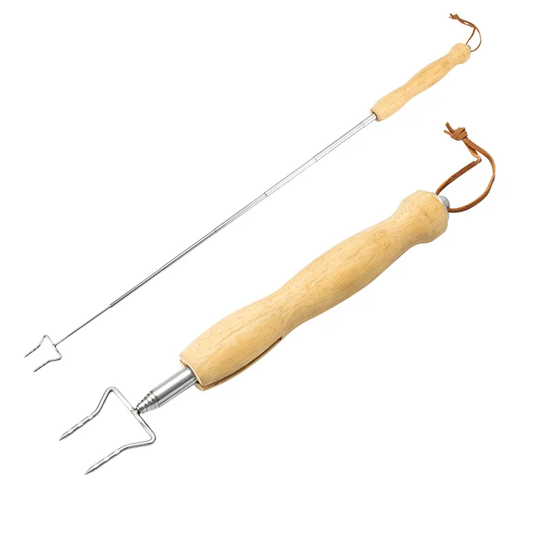 

Stainless steel high-grade wooden handle telescopic barbecue fork, length adjustable outdoor BBQ barbecue fork