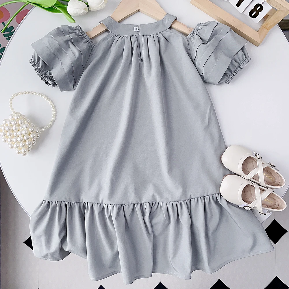 Bear Leader Summer Dress New Girls Korean Edition Bubble Sleeve Hollow Solid Cotton Ruffle Dress Children's Casual Fashion Dress