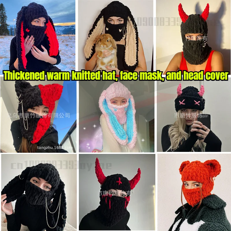 

Rabbit Ear Handmade Knitted Hat Thickened Warm Velvet Hat Face Mask Head Cover Sweet Cool Fashion Hat