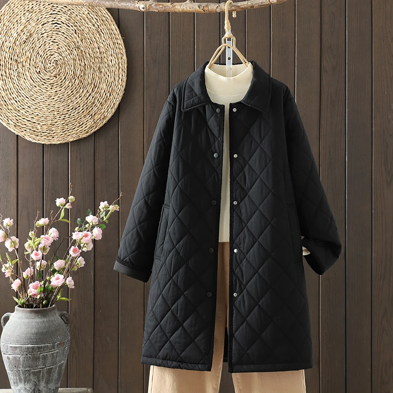 

Elegant Korean Style Artistic Cotton Jacket Women's 2025 Autumn Winter New Square Collar Splicing Rhombus Medium Length Light...