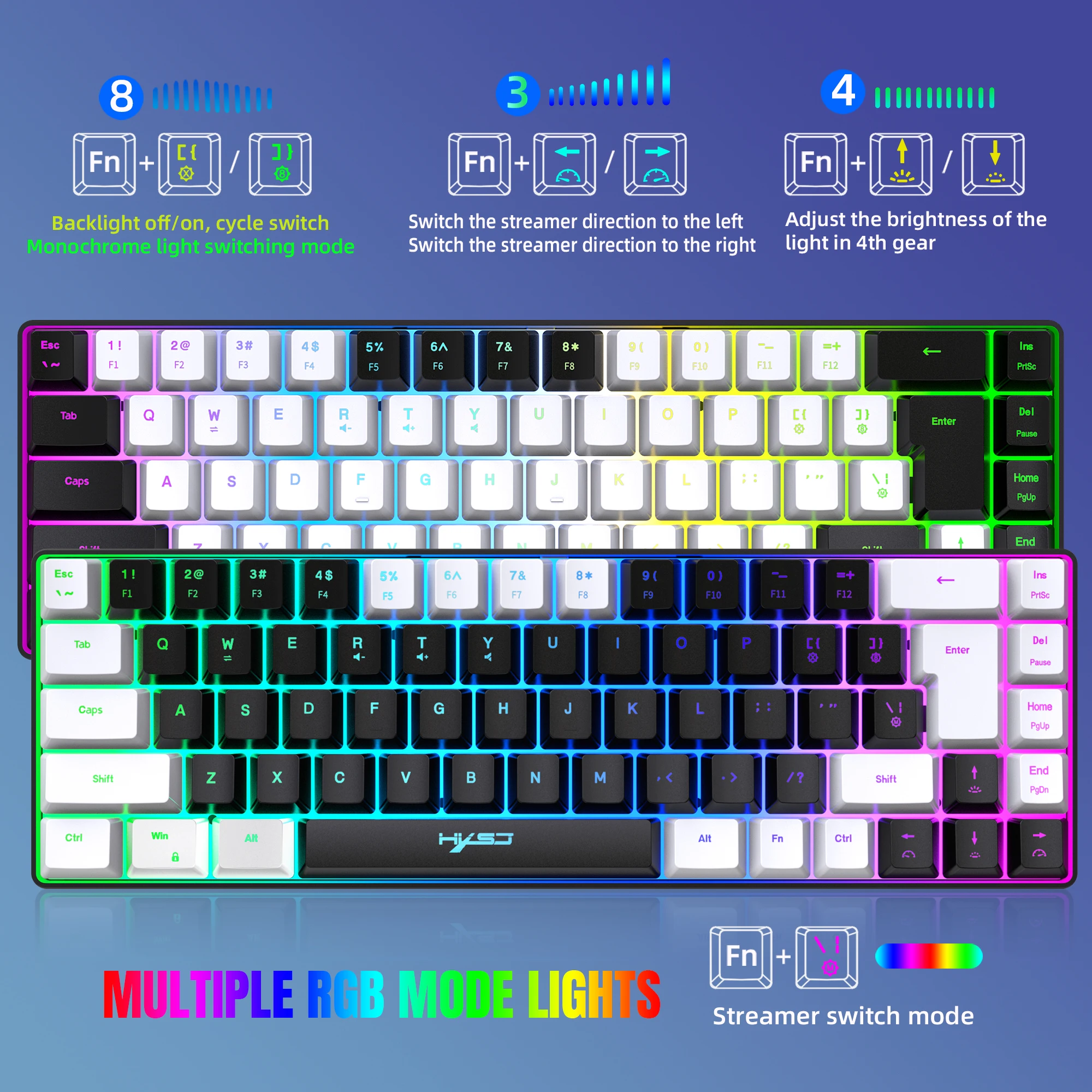 68 Keys Gaming Keyboard USB Wired Portable 20 RGB Backlight Keyboard Black and White Keycaps for Windows Laptops Computer