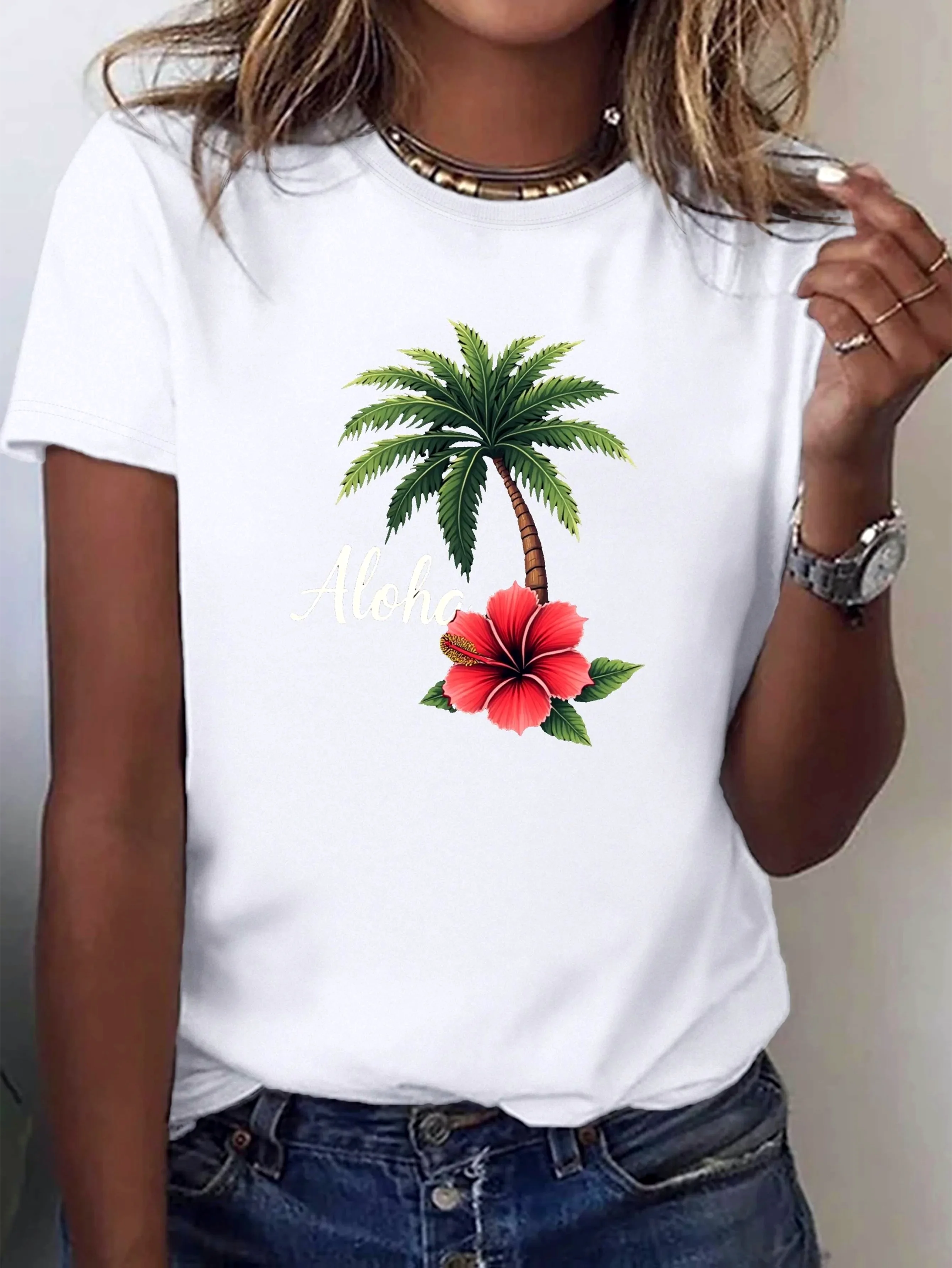 Women's Hawaiian Aloha T-Shirt Sleeve Round Neck Blouse with Hibiscus Palm Tree Print Harajuku Sleeve Casual Aesthetic Clothes