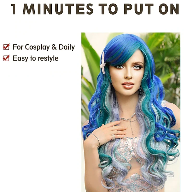 HAIRJOY-peruca longa ondulada para mulheres e meninas, perucas da pequena sereia Ariel, peruca cosplay, peruca encaracolada azul e verde