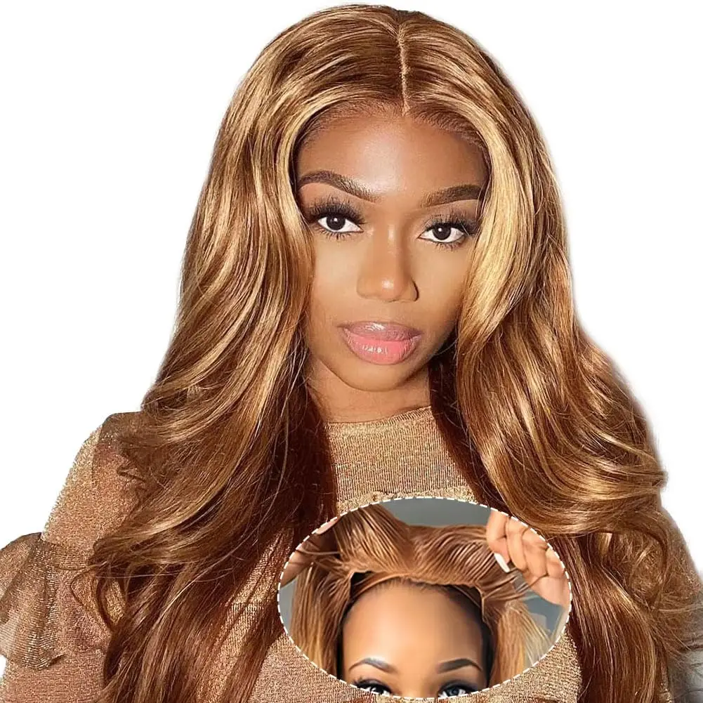 Pretty Diary-Honey Blonde Body Wave Lace Frontal Perucas para Mulheres, Destaque de Cabelo Humano, 4 27, 13x6