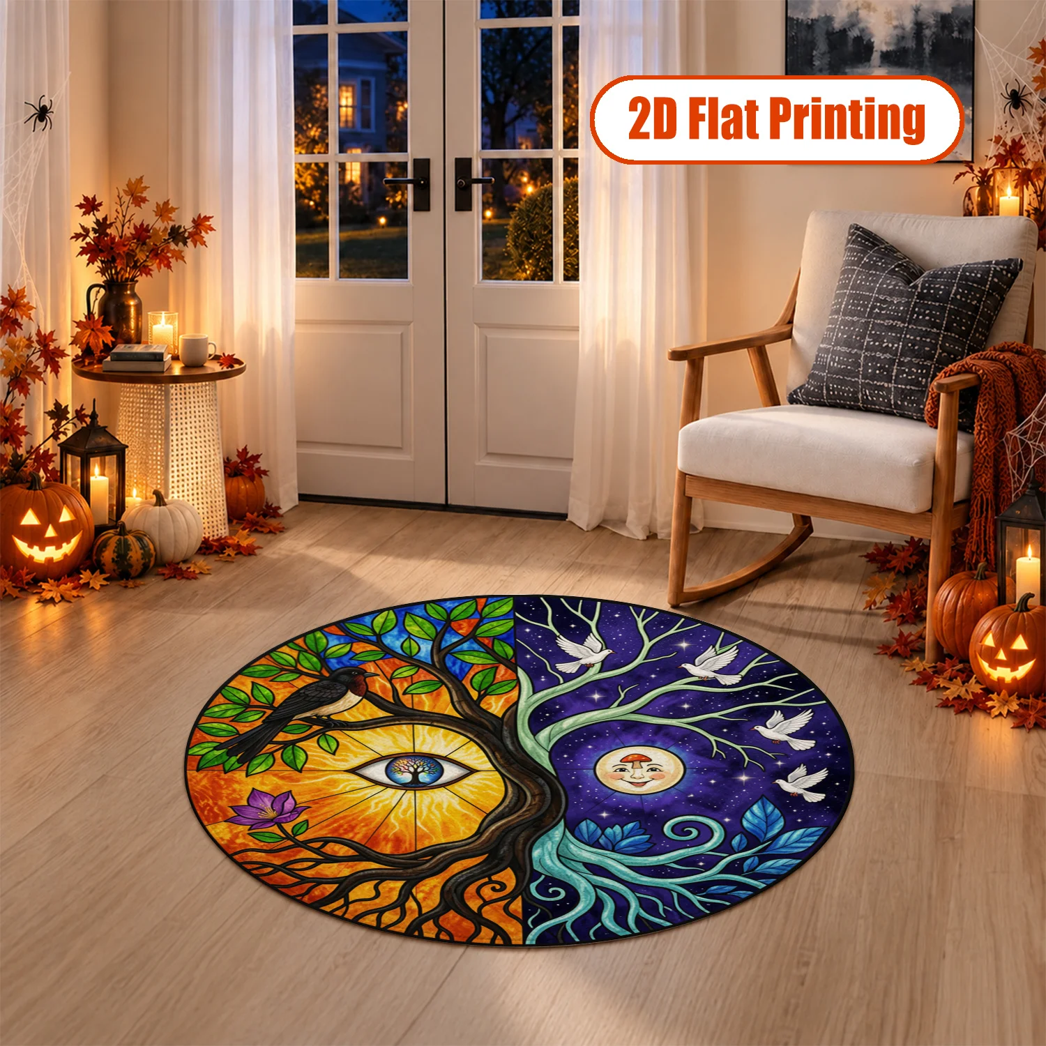 Stained Glass Yin Yang Tree Eye Moon Bird Pattern Round Velvet Wall Tapestry, Machine Washable, Perfect for Living Room, Bedroom, Office, Dining Room Decor, Great for Halloween, Thanksgiving, Black Friday, Christmas, New Year Home Decoration