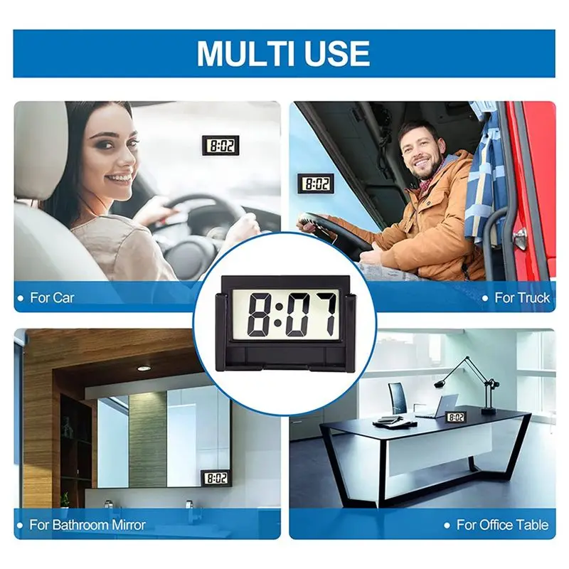 Small Digital Car Dashboard Clock Battery Operated Big Clear LCD Time Display For Automotive, Motorcycle &Truck