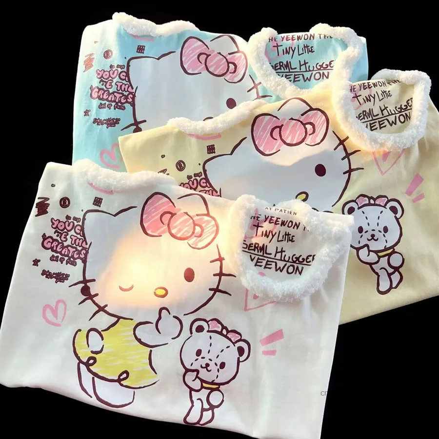 Sanrio Hello Kitty kaus longgar gaya Jepang, atasan kartun imut musim panas wanita manis Harajuku gadis manis serbaguna Y2k