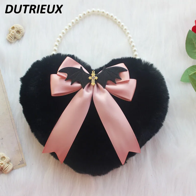 

Original Handmade Lolita Handbag Black Pink Plush Loving Heart Ladies Handbags Fashion Japanese Style Crossbody Bag for Women