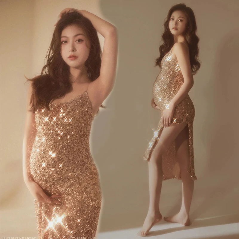 Women Photography Props Gold Bling Bling Maternity Dresses for Photo Shoot Sequin Sleeveless Pregnancy Studio Shooting Clothes