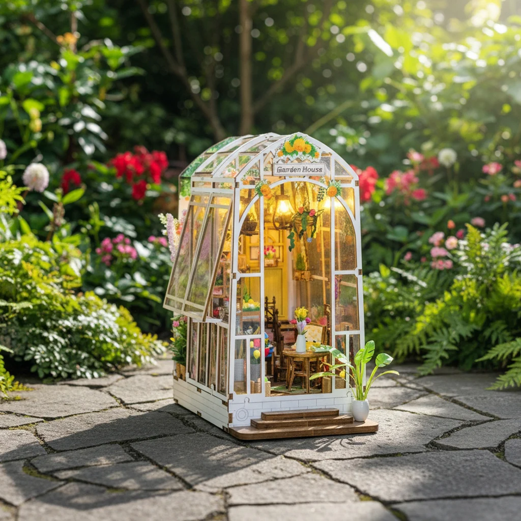 مجموعة أدوات كتاب خشبية ثلاثية الأبعاد من OUZEY - منزل حديقة مصغر "Blossom Retreat" مع أضواء LED، هدية ديكور غرفة الزهور #1