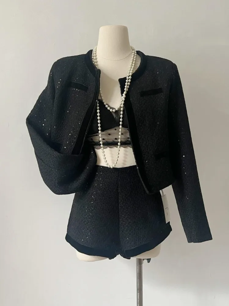 Autumn Black Shorts Tweed Two Piece Suits Women Korean Fashion Luxury Long Sleeve Sequined Jacket+Shorts 2 Pcs Matching Sets