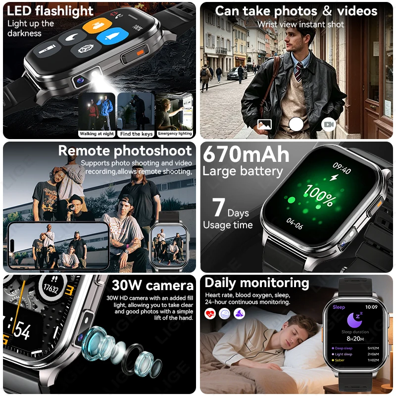 LIGE New Smart Watch Men Women Camera Take Photos Record Video 256MB Local Music Health Monitor Sport Fitness BT Call Smartwatch