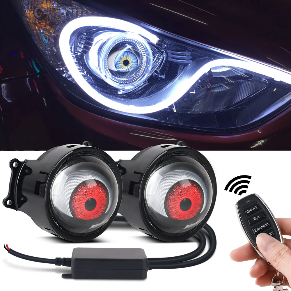 3-inch  Car LED Headlights Dynamic Lenses Devil's Eye With Remote Control 33Modes Headlight Assembly Car Devil Eyes Retrofit Kit