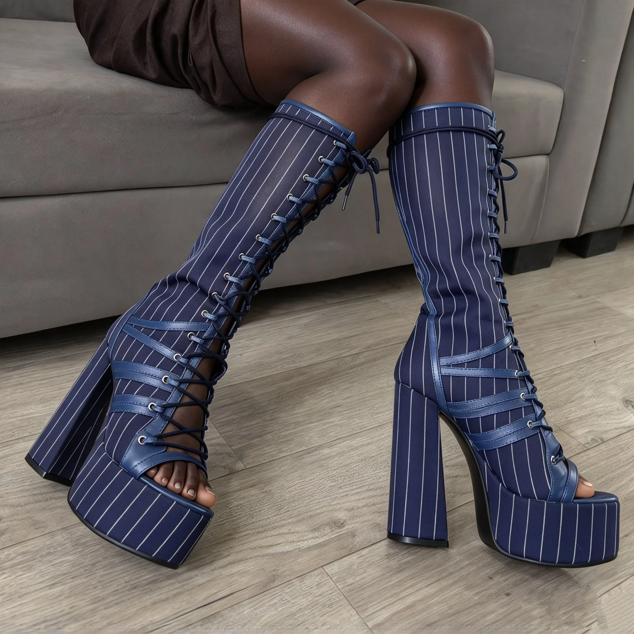 Chic stripes red/blue platform lace up high boots summer new in plus size sexy chunky heel open toe 2026 sandal boot for women
