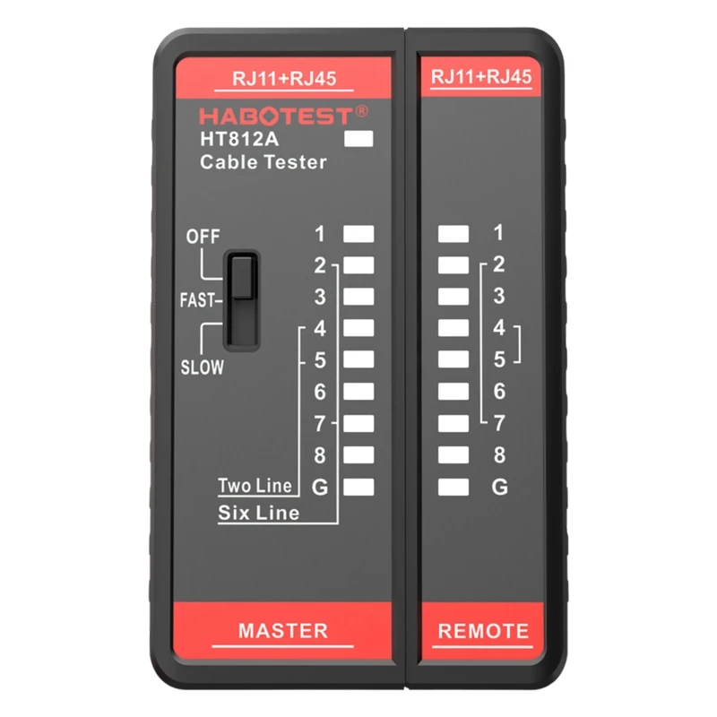 RJ45 RJ11 Cable Tester with Split Remote Body, FAST SLOW Control, LED Wire Map and G Light for Ethernet and Phone Line F19E