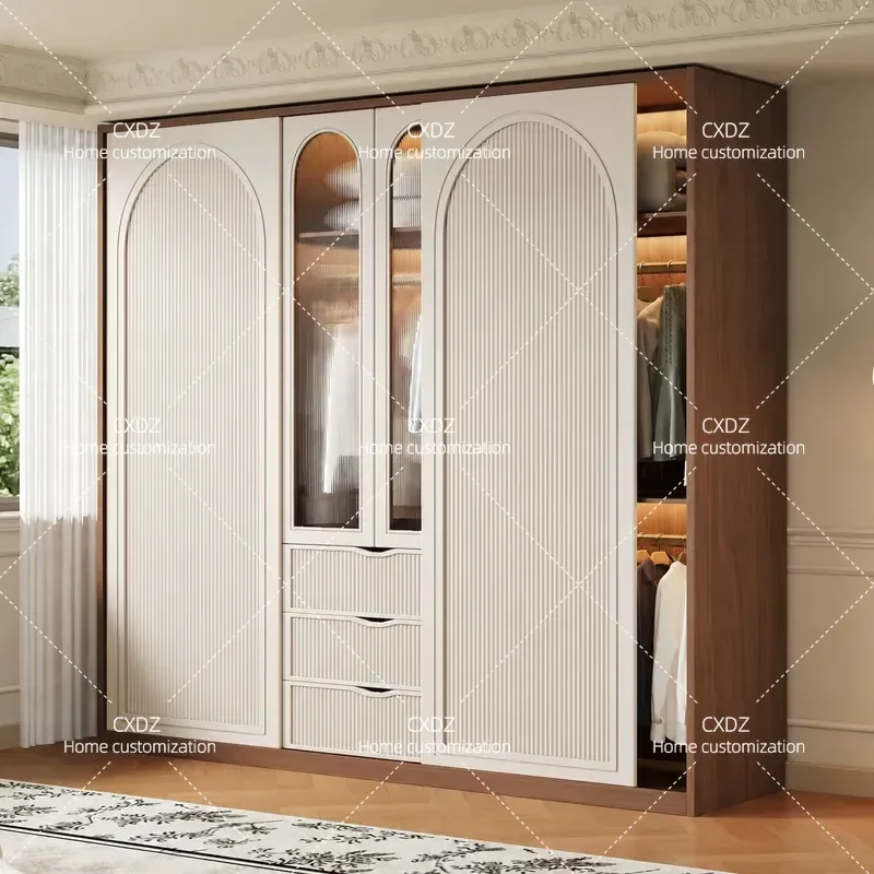Oak Solid Wood Custom Wardrobe Sliding Door Cabinet Household Bedroom Antique Style Storage Closet 813