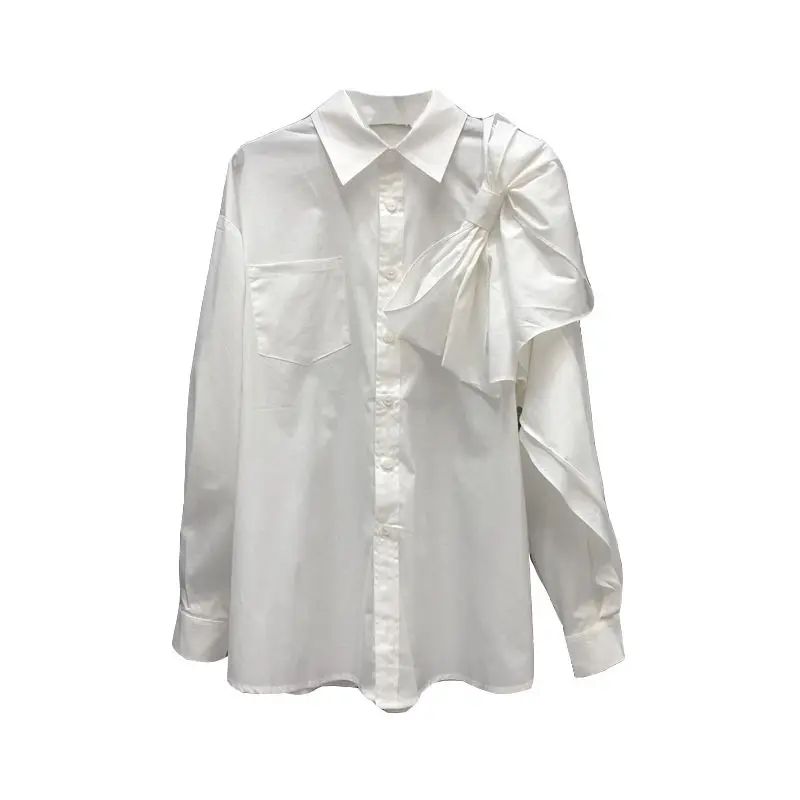 Bow design and patchwork white shirt, European style new mid length top for spring/summer 2024