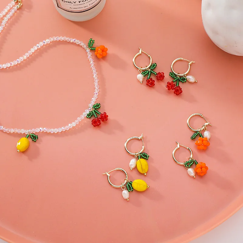 Korean Sweet Handmade Beads Cherry Earrings for Women Girls Gold Color Alloy Orange Lemon Drop Earrings Statement Party Jewelry