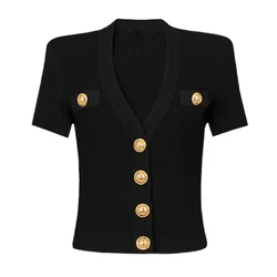 SML Black And White High-quality Fashionable Elastic Knitted Fabric Button Decoration Short Sleeved Slim Fitting Women's T-shirt