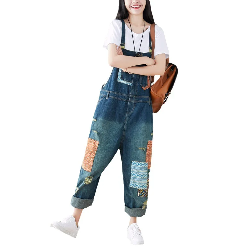 Perna larga feminina jeans rasgado, jeans angustiado, calça buraco, comprimento do tornozelo, solto, bolsos vintage, Streetwear emendado