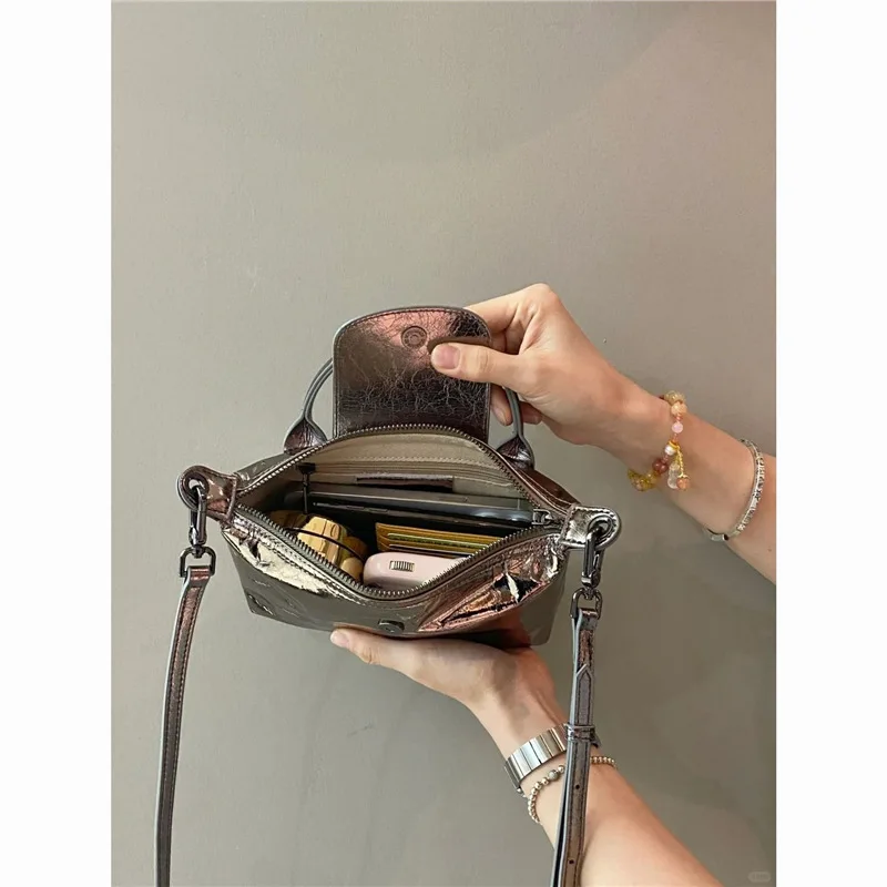 New 2024 cracked dumpling high-end single shoulder niche silver handbag versatile women\'s bag