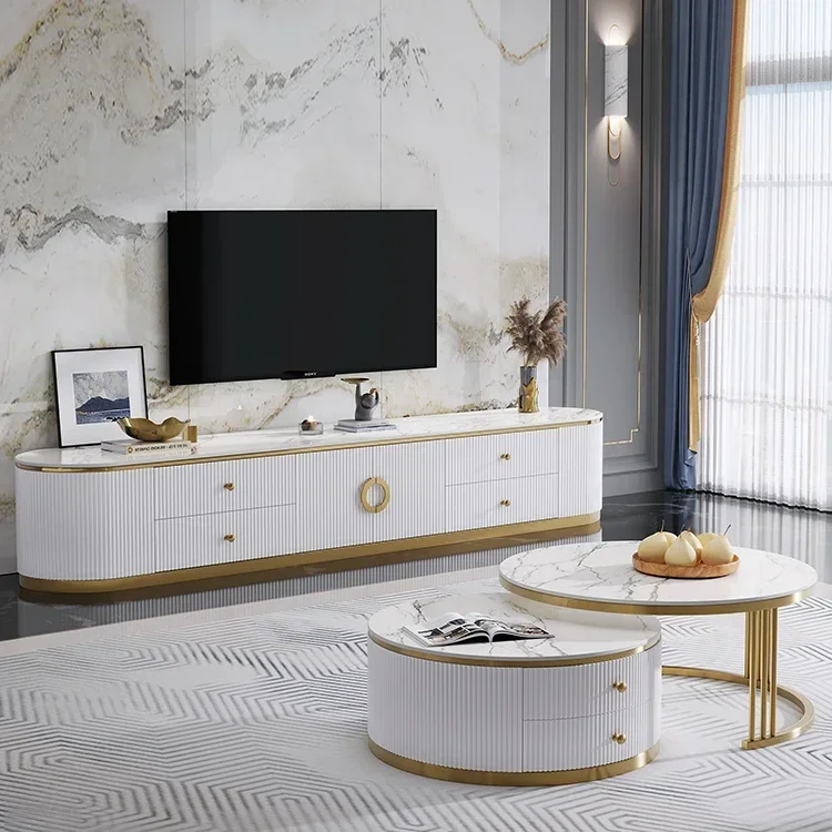 Design Modern Gold Coffee Table And Tv Stand Set Luxury With Drawer For Living Room Furniture