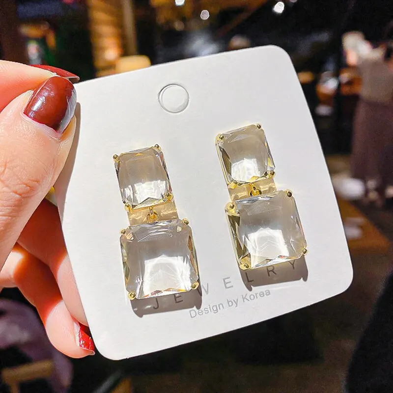 Transparent Glass Crystal Earrings For Women Geometric Square Dangle Earrings 2023 New Trendy Party Ear Jewelry Girls Gifts
