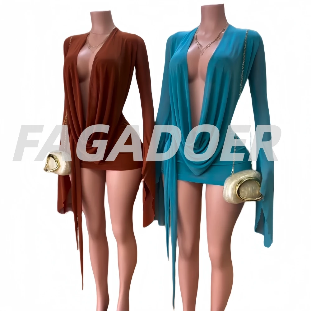 FAGADOER Sexy Mesh See Through Mini Bodycon Dress Women Long Sleeves Deep V-neck Irregular Dresses Female Streetwear Vestidos - Image 5