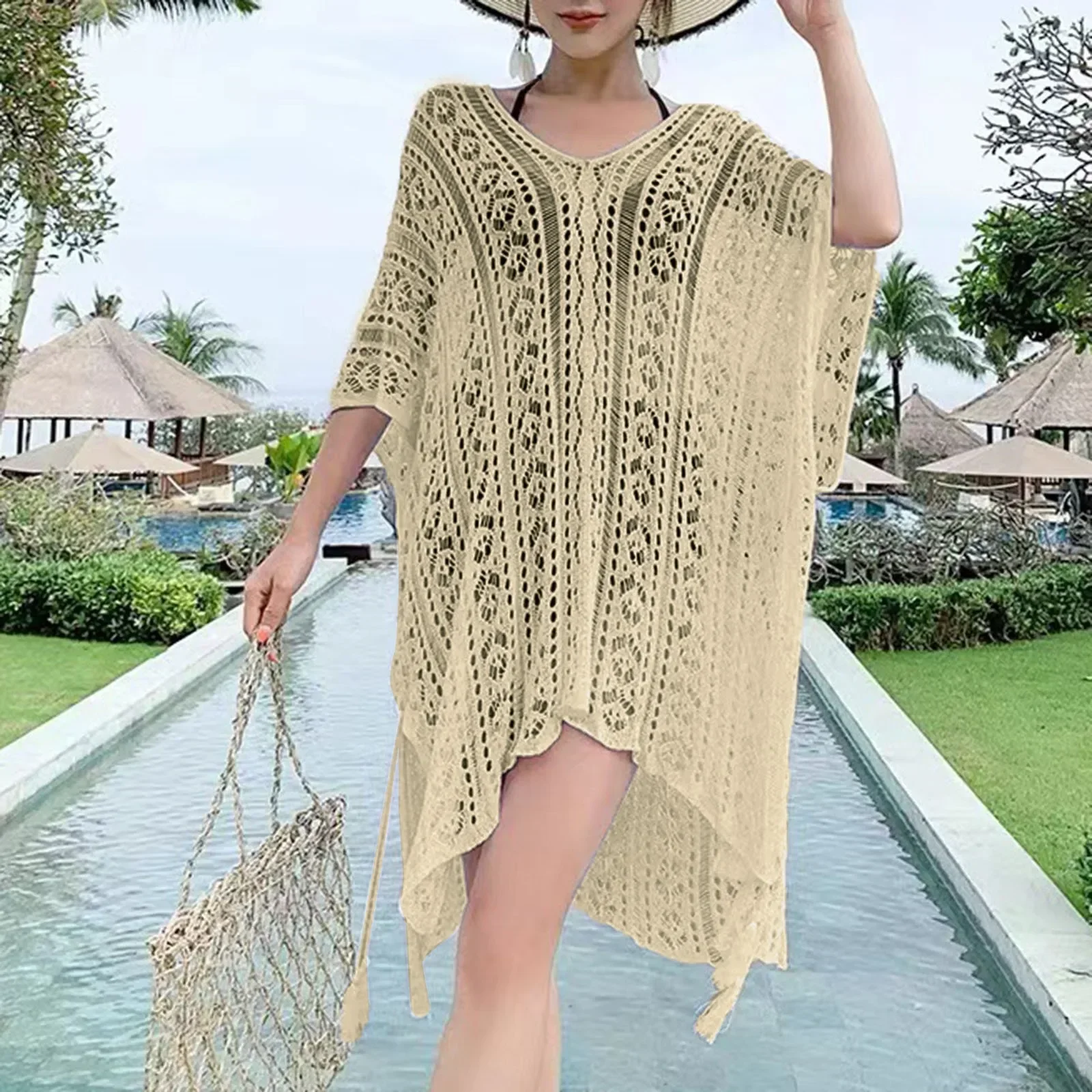 Women's Lace Bikini Coverup Short Sleeved Hollow Lace Crochet Cover Up Swimsuit Minimalist Style New Chic Sexy Beachwear