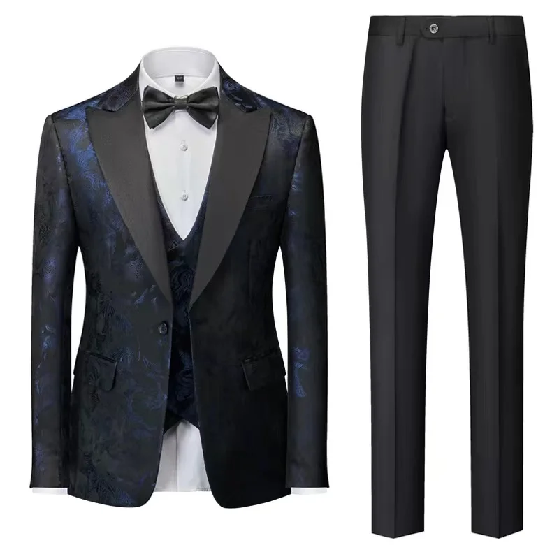 Y003Men's Peaked lapel Dark ดอกไม้ชุดสามชิ้นหล่อโฮสต์ STAGE Performance ชุดเจ้าบ่าวงานแต่งงานชุดอาหารค่ํา