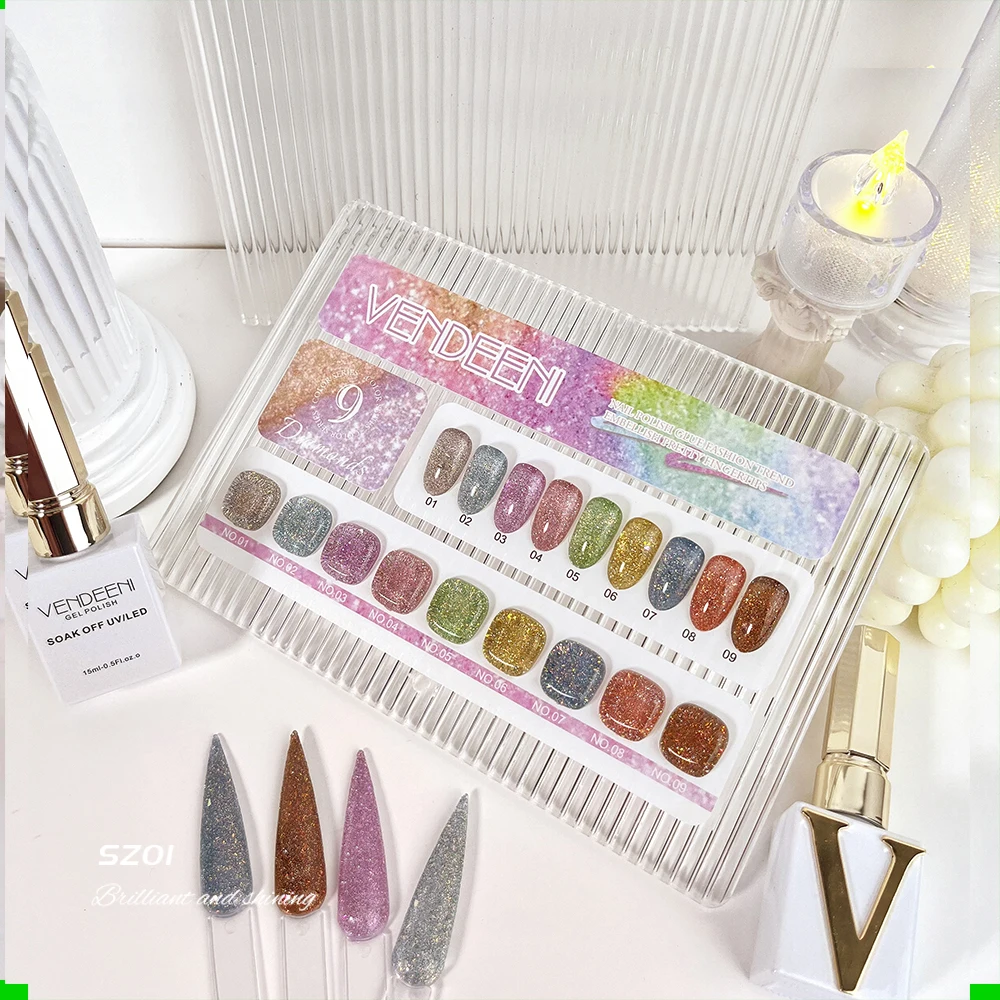 Vendeeni 9 colori/set colori caramelle glitter diamante spezzato gel smalto UV LED paillettes manicure smalto per unghie con carta colorata
