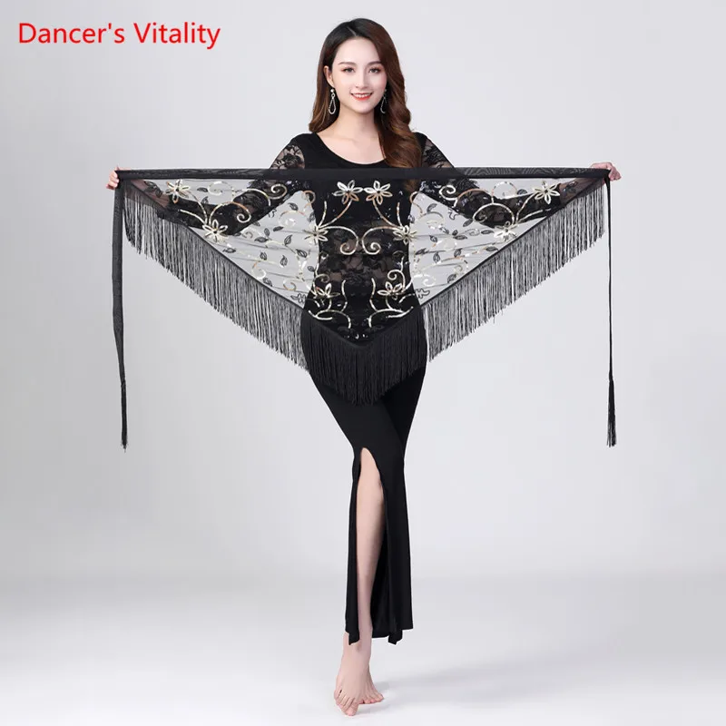 Belly Dance Hip Scarf Mesh Sequins Triangle Skirt Practice Clothes Female Adult Elegant Tassel Belt Performance Clothing