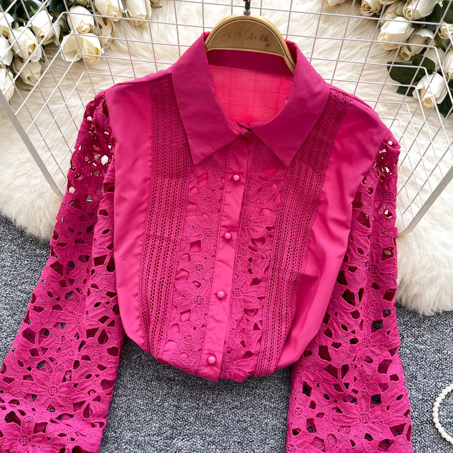 Vintage Elegant Embroidery Hollow Out Long Sleeve Blouse Fashion Lapel Shirt  Casual Chic Top Fairy  Autumn Women