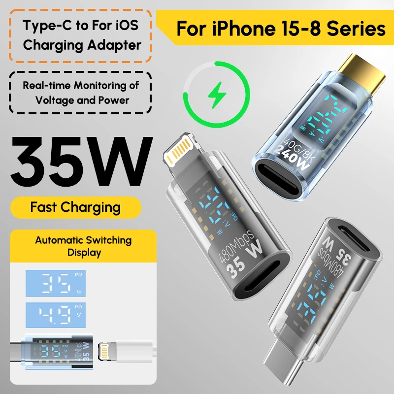 Type C Female To For lightning Male 35W Adapter Digital Display For ios Fast Charging Converter For Iphone 15 14 13 Pro Max Test