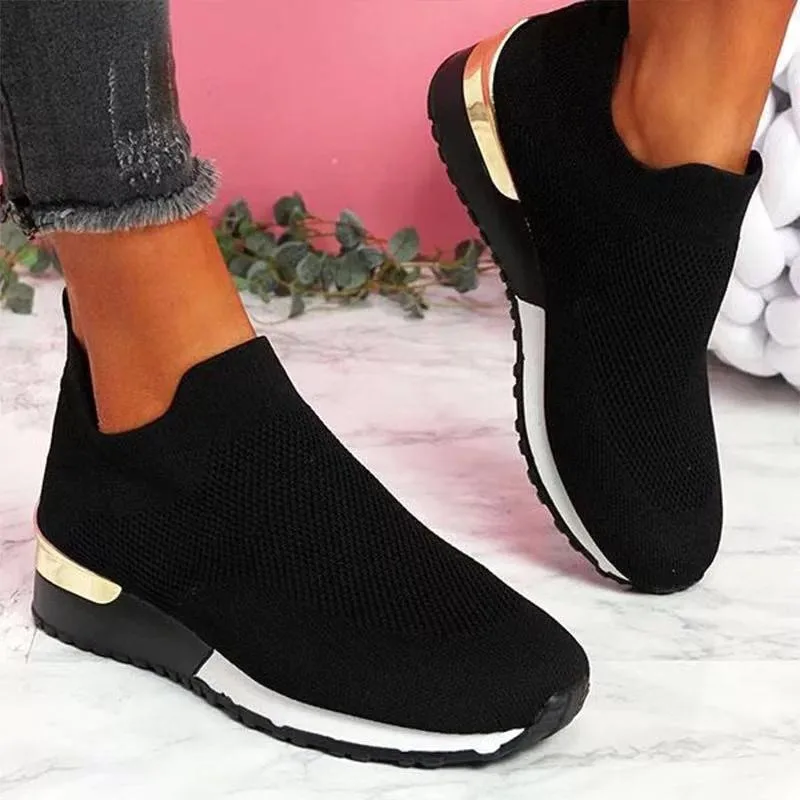 Sapatos baixos com sola grossa para mulheres, sapatos de malha casual para senhoras, tênis de malha respirável para viagens ao ar livre, confortável e elegante, meia nova