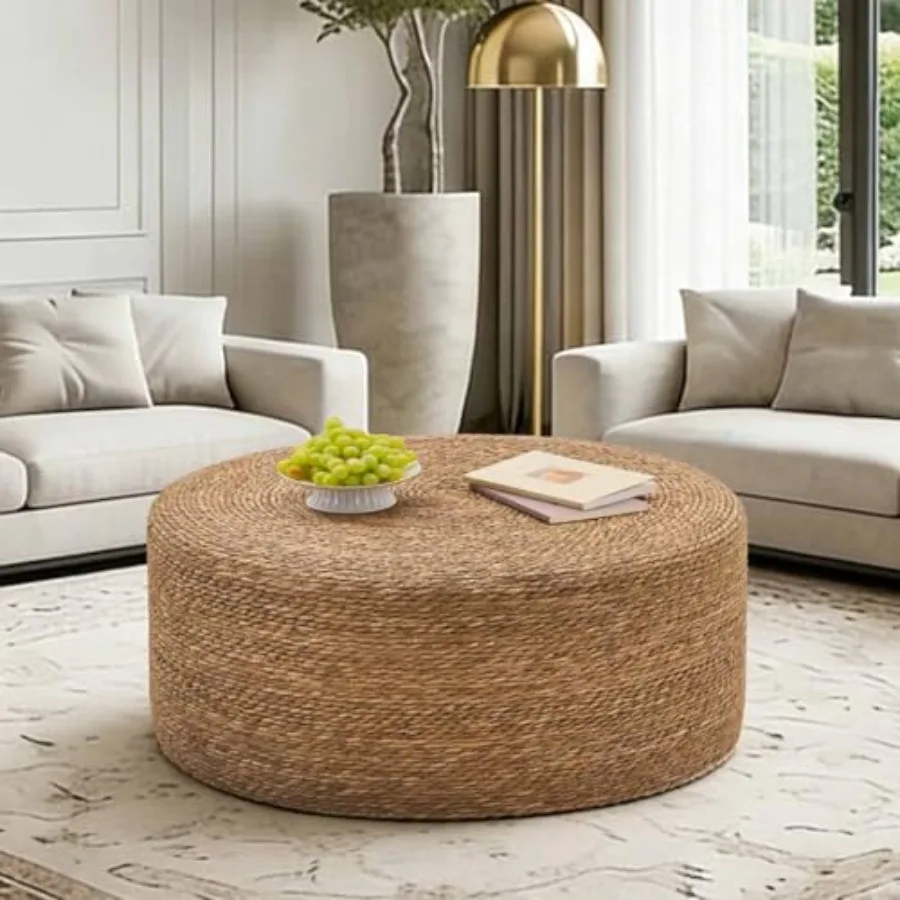 30'' Round Seagrass Wicker Coffee Table for living room use, natural fiber material, beige color, lightweight and eco-friendly