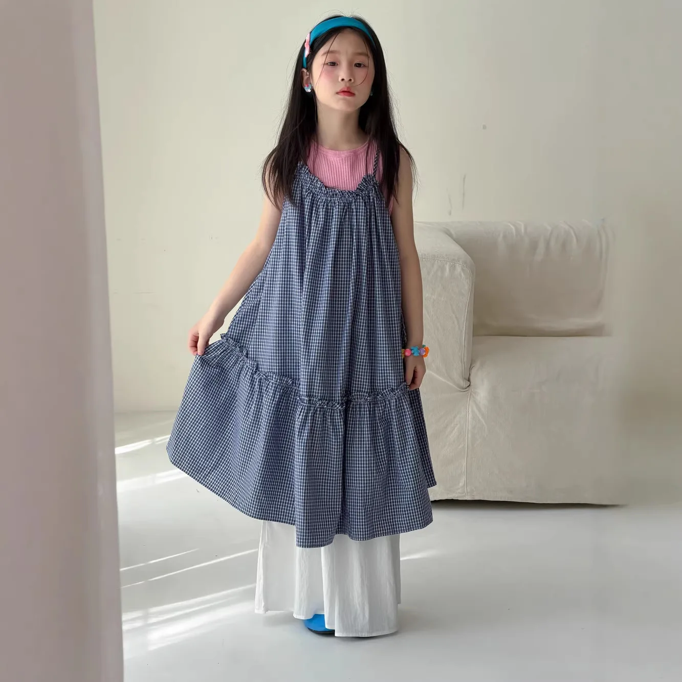 Kids Skirt 2026 Summer Girls' Korean Version Lace Checkered Camisole Skirt Kids Sleeveless Comfortable Casual Dress Boutique