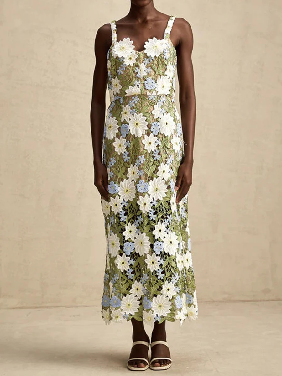 TWOTWINSTYLE カラーブロック痩身ファッションミディドレス女性のためのスクエアネックノースリーブパッチワークアップリケドレス女性服