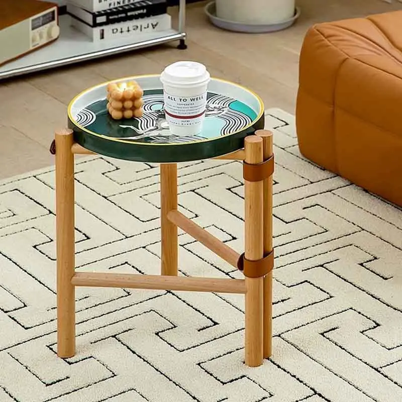 Nordic Furniture Retro Solid Wood Coffee Table Ceramic Tray Tea Table Living Room Side Table Round Storage Desk Storage Rack