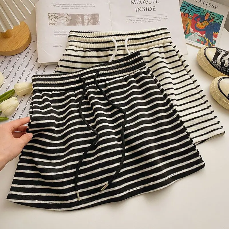 

Mini Skirts Women A-line Sporty College Trendy Classic Striped Summer Soft Korean Style Basic Bottoms Drawstring Harajuku Street