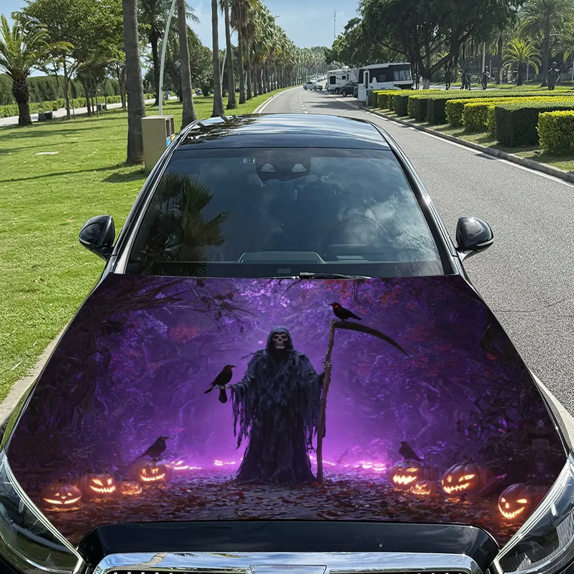 

Halloween Purple Realm Grim Reaper Car Vinyl Wrap, PVC Material Waterproof Car Hood Sticker, Self-Adhesive Scratch-Resistant Sti