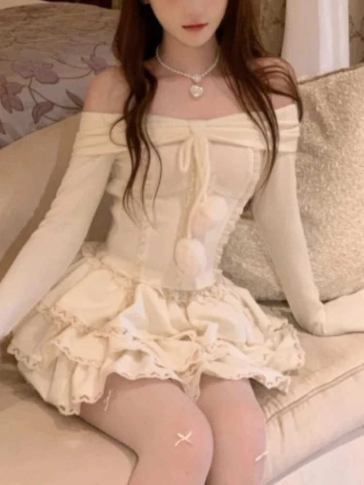 الكورية الحلو أنيقة 2 قطعة مجموعة المرأة خارج الكتف متماسكة أعلى تكدرت المتدرج تنورة الخريف الشتاء لطيف كريم لينة فتاة الزي