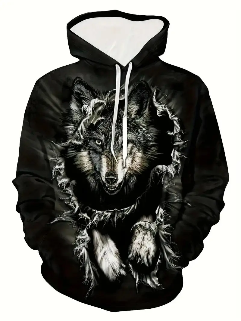 Beast Series Lion / Wolf Print Hoodie, Men\'s Casual Pullover Hooded Sweatshirt With Kangaroo Pocket Streetwear For Winter Fall,