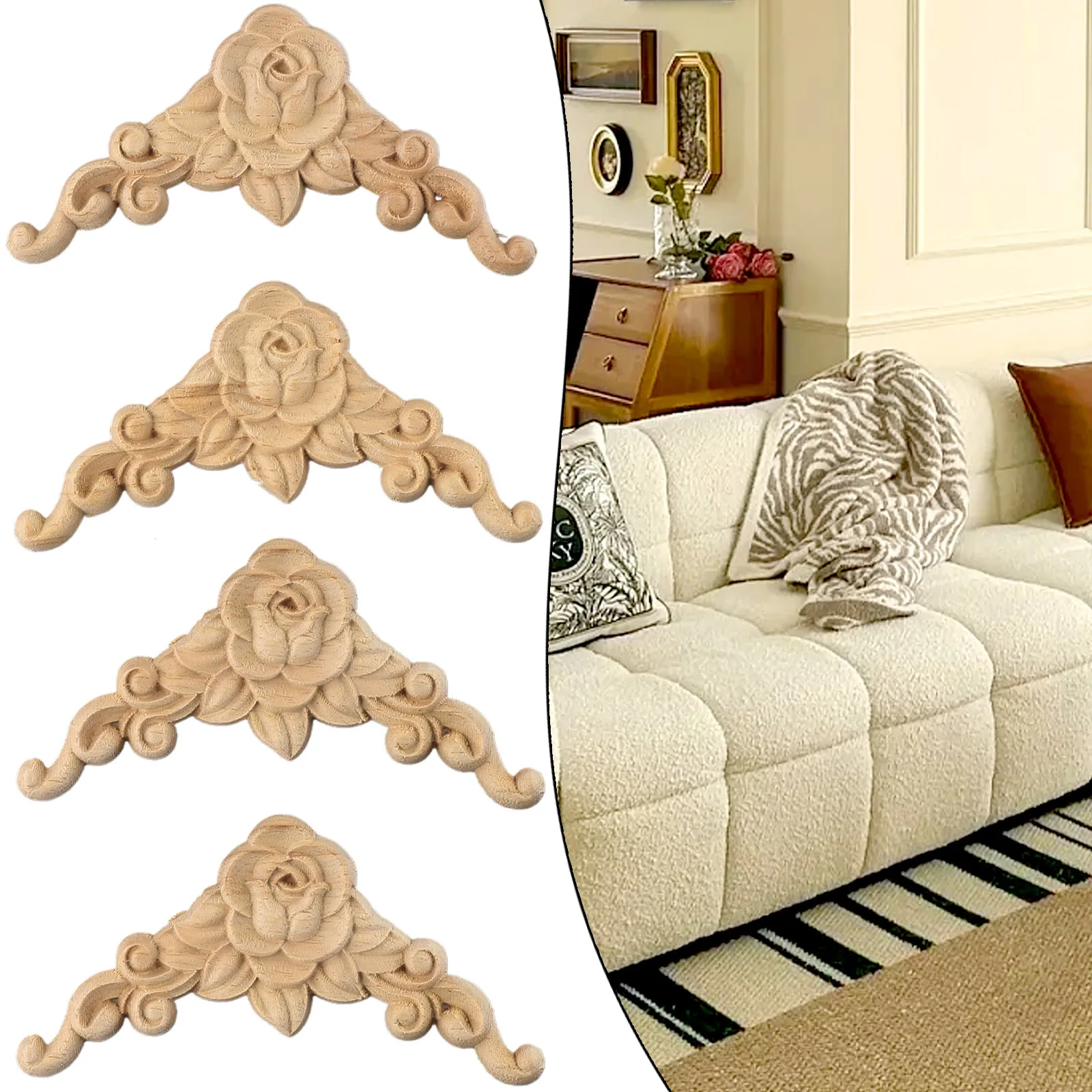 4 Pieces Wooden Carved Corner Stickers With Rose Branches And Leaves Carved Furniture Inlay Applique Decoration