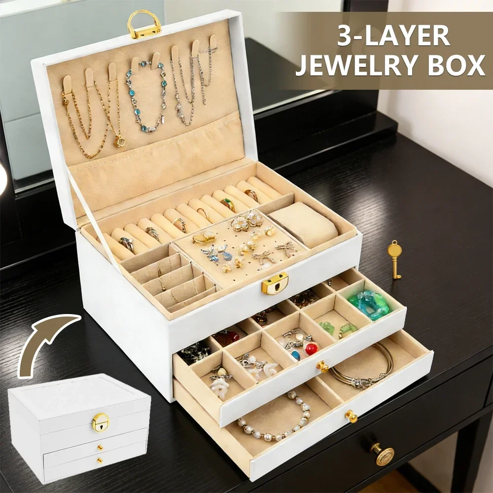 

3-Layer Jewelry Box PU Velvet Liner Jewelry Storage Box with Lock Earring Necklace Bracelet Ring Organizer Jewelry Display Stand