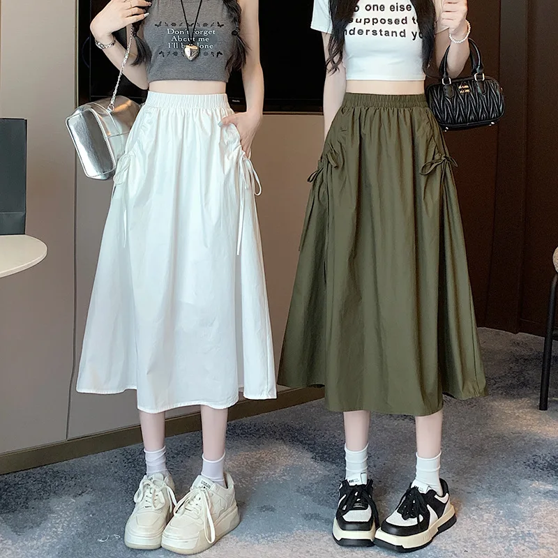 Long Skirts Women Skirt A Line Elastic Waist Drawstring Simple Pocket Streetwear Elegant Maxi White Y2k Casual Club Summer 2025
