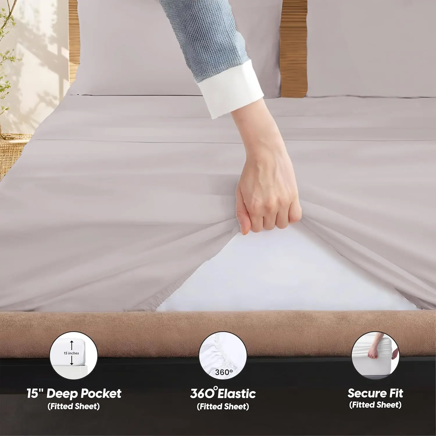 مجموعة ملاءات SGI Queen مكونة من 4 قطع باللون الرمادي الفاتح - 500 TC 100% قطن سوبيما، فائقة النعومة ومسامية، سرير بجيب عميق 15 بوصة بجودة الفندق #5