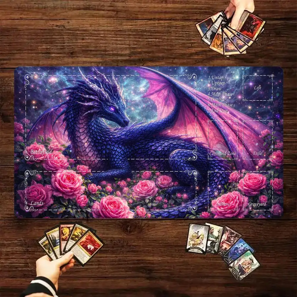 Purple Rose Galaxy Dragon MTG Playmat Anti-Slip Stain Resistant Fantasy Gaming Desk Mat for TCG Players