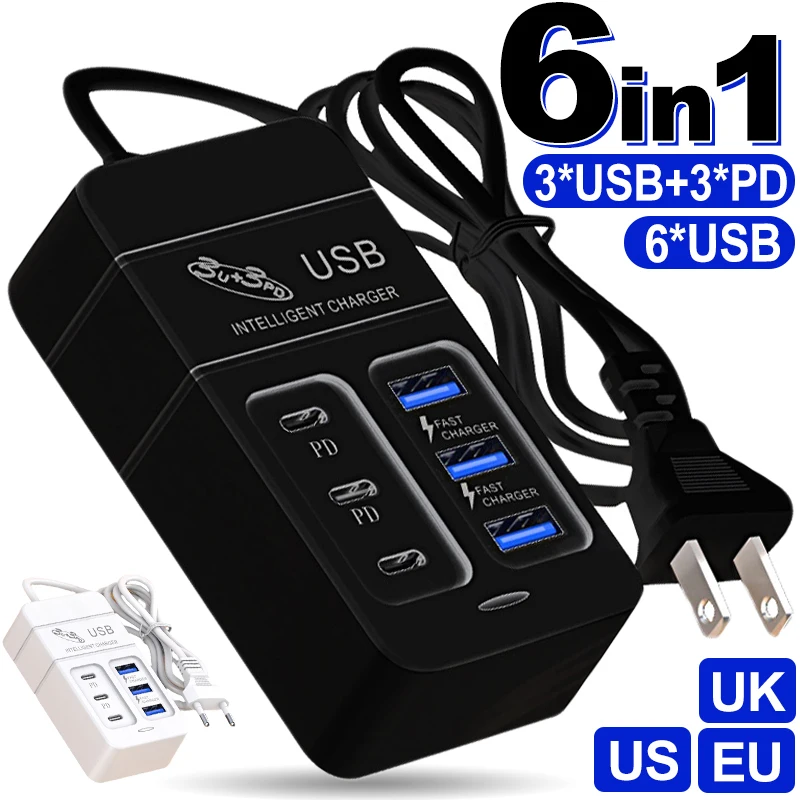 

Универсальное 6-портовое многопортовое USB-зарядное устройство 35 Вт PD Type-C для мобильного телефона, настенные зарядные устройства, адаптер USB-концентратора TypeC, вилка США, ЕС, Великобритании